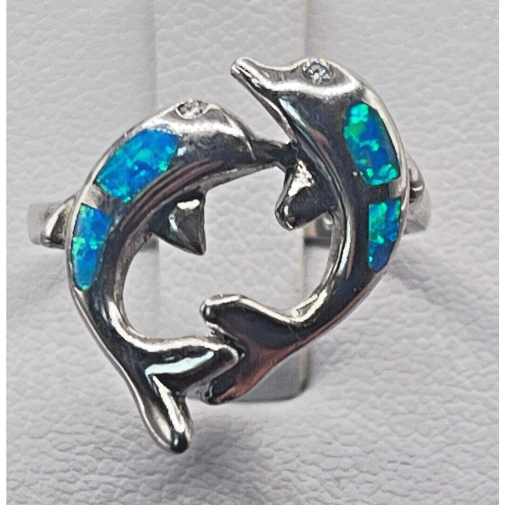Vintage Sterling Silver Modernist 2 Dolphins Playing Wave Blue Opal Pendant